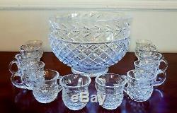 Vintage Waterford Crystal Punch Bowl Set & 13 Crystal Cups Mugs