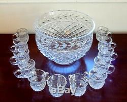 Vintage Waterford Crystal Punch Bowl Set & 13 Crystal Cups Mugs