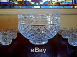 Vintage Waterford Crystal Punch Bowl Set & 13 Crystal Cups Mugs