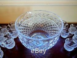 Vintage Waterford Crystal Punch Bowl Set & 13 Crystal Cups Mugs