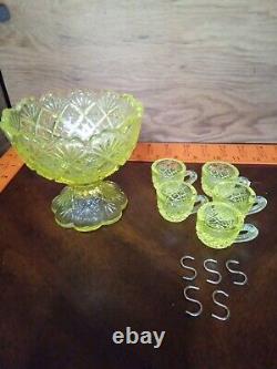 Vintage Westmoreland Childs Vaseline Punch Bowl With 5 Hooks And 5 Cups