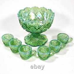 Vintage Westmoreland Iridescent Green Thumbelina Glass Mini Punch Bowl Set RARE