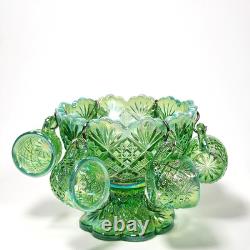 Vintage Westmoreland Iridescent Green Thumbelina Glass Mini Punch Bowl Set RARE