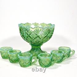 Vintage Westmoreland Iridescent Green Thumbelina Glass Mini Punch Bowl Set RARE