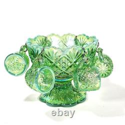 Vintage Westmoreland Iridescent Green Thumbelina Glass Mini Punch Bowl Set RARE