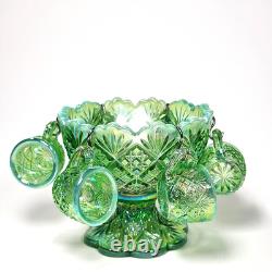 Vintage Westmoreland Iridescent Green Thumbelina Glass Mini Punch Bowl Set RARE