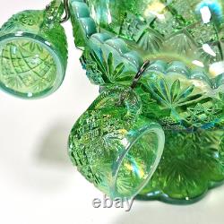 Vintage Westmoreland Iridescent Green Thumbelina Glass Mini Punch Bowl Set RARE