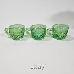 Vintage Westmoreland Iridescent Green Thumbelina Glass Mini Punch Bowl Set RARE