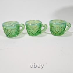 Vintage Westmoreland Iridescent Green Thumbelina Glass Mini Punch Bowl Set RARE