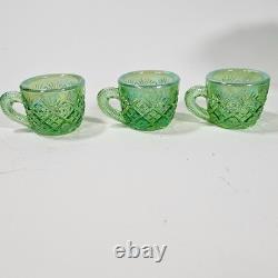 Vintage Westmoreland Iridescent Green Thumbelina Glass Mini Punch Bowl Set RARE