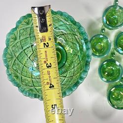Vintage Westmoreland Iridescent Green Thumbelina Glass Mini Punch Bowl Set RARE