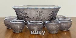 Vintage Westmoreland Lilac Opalescent Glass Fruit Pattern Punch Bowl with 12 Cups