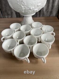 Vintage Westmoreland Milk Glass Grape Punch Bowl and 12 Cups