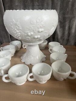 Vintage Westmoreland Milk Glass Grape Punch Bowl and 12 Cups