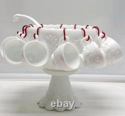 Vintage Westmoreland Milk Glass Grape Punch Bowl and 12 Cups With Ladle & Hooks