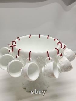 Vintage Westmoreland Milk Glass Grape Punch Bowl and 12 Cups With Ladle & Hooks