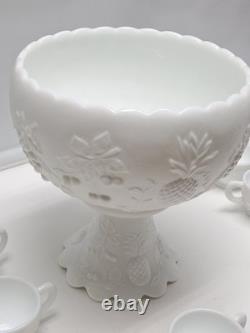 Vintage Westmoreland Milk Glass Grape Punch Bowl and 12 Cups With Ladle & Hooks