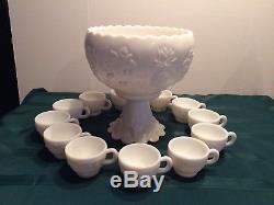 Vintage Westmoreland Milk Glass Punch Bowl Pedestal Set with 12 Cups