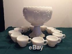 Vintage Westmoreland Milk Glass Punch Bowl Pedestal Set with 12 Cups