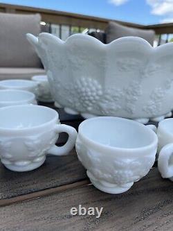 Vintage Westmoreland Milk Glass Punch Bowl Set -14 cups