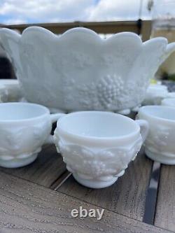 Vintage Westmoreland Milk Glass Punch Bowl Set -14 cups