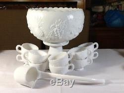 Vintage Westmoreland Milk Glass Punch Bowl Set with 10 Cups and Ladle