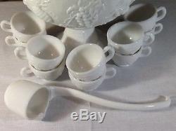 Vintage Westmoreland Milk Glass Punch Bowl Set with 10 Cups and Ladle