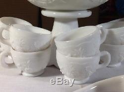 Vintage Westmoreland Milk Glass Punch Bowl Set with 10 Cups and Ladle