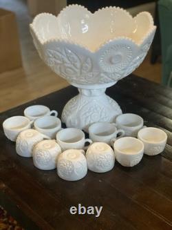 Vintage Westmoreland milk glass punch bowl and cup set. 12 cups