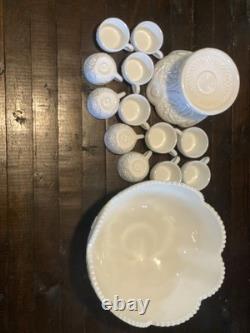Vintage Westmoreland milk glass punch bowl and cup set. 12 cups