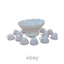 Vintage White MILK GLASS Punch Bowl with cups