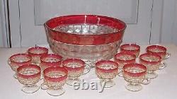 Vintage Whitehall Colony Ruby Flashed Punch Bowl Set with 12 Pedestal Cups