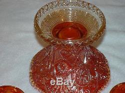 Vintage amb orang carnival Glass 2 pc Punch Bowl Set 10 Cups Exquisite Marigold