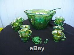 Vintage carnival glass green punch bowl set 12 glasses ladle and hooks