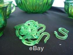 Vintage carnival glass green punch bowl set 12 glasses ladle and hooks