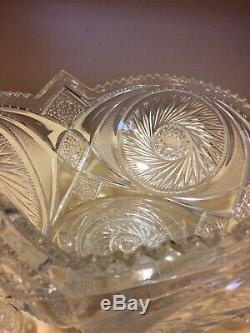 Vintage cut glass crystal punch bowl, stand & 10 cups, Pinwheel design Lovely