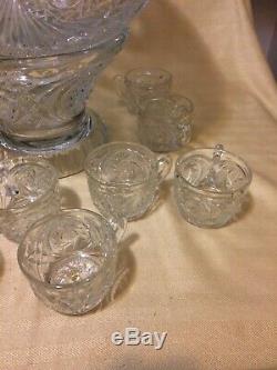 Vintage cut glass crystal punch bowl, stand & 10 cups, Pinwheel design Lovely
