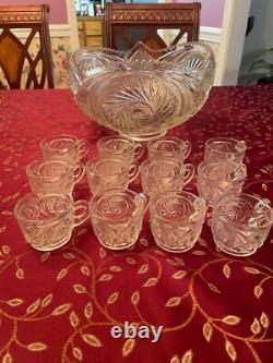 Vintage glass punch bowl full set with 12 matching cups