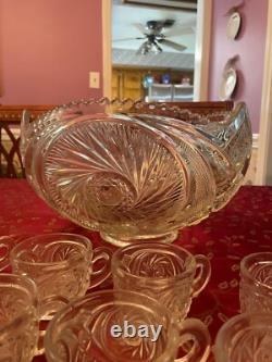 Vintage glass punch bowl full set with 12 matching cups