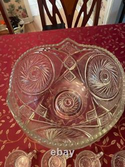 Vintage glass punch bowl full set with 12 matching cups