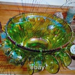 Vintage green carnival Glass punch bowl set