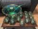 Vintage green carnival glass punch bowl &12 Cup Indiana Glass Co. /1960s or 1970s