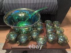 Vintage green carnival glass punch bowl &12 Cup Indiana Glass Co. /1960s or 1970s