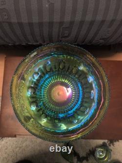 Vintage green carnival glass punch bowl &12 Cup Indiana Glass Co. /1960s or 1970s
