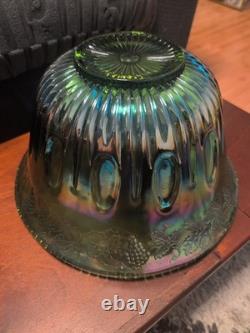 Vintage green carnival glass punch bowl &12 Cup Indiana Glass Co. /1960s or 1970s