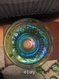 Vintage green carnival glass punch bowl &12 Cup Indiana Glass Co. /1960s or 1970s