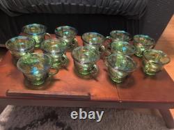 Vintage green carnival glass punch bowl &12 Cup Indiana Glass Co. /1960s or 1970s