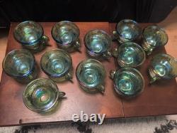 Vintage green carnival glass punch bowl &12 Cup Indiana Glass Co. /1960s or 1970s