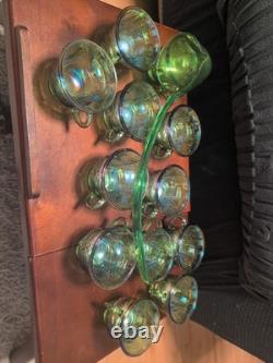 Vintage green carnival glass punch bowl &12 Cup Indiana Glass Co. /1960s or 1970s