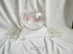 Vintage midcentury Draping Iridescent Glass Punch Bowl +12 cups Set amazing